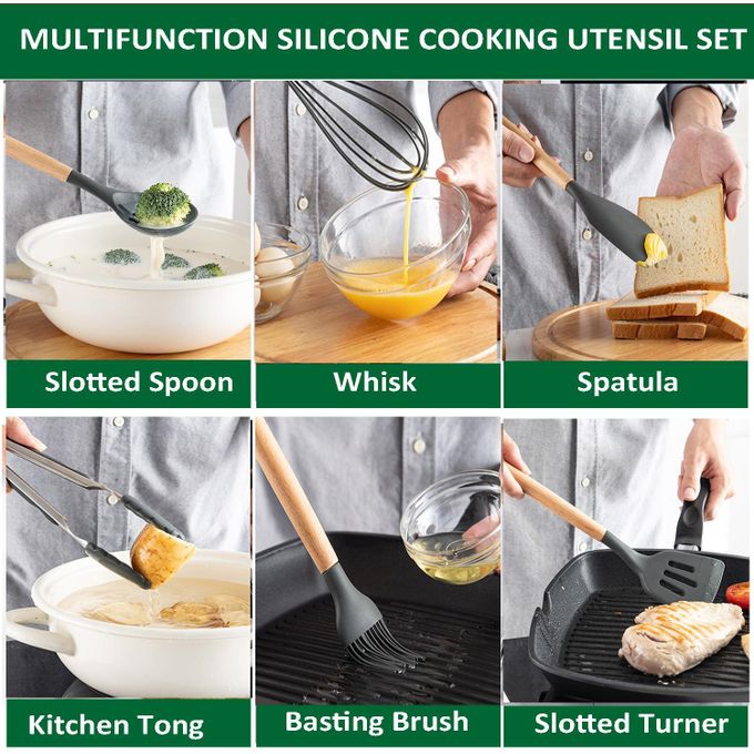 12-Piece Silicone Kitchen Utensil Set with Wooden Handles — Heat-Resistant, BPA-Free Cooking Tools for Nonstick Cookware | Includes Storage Holder