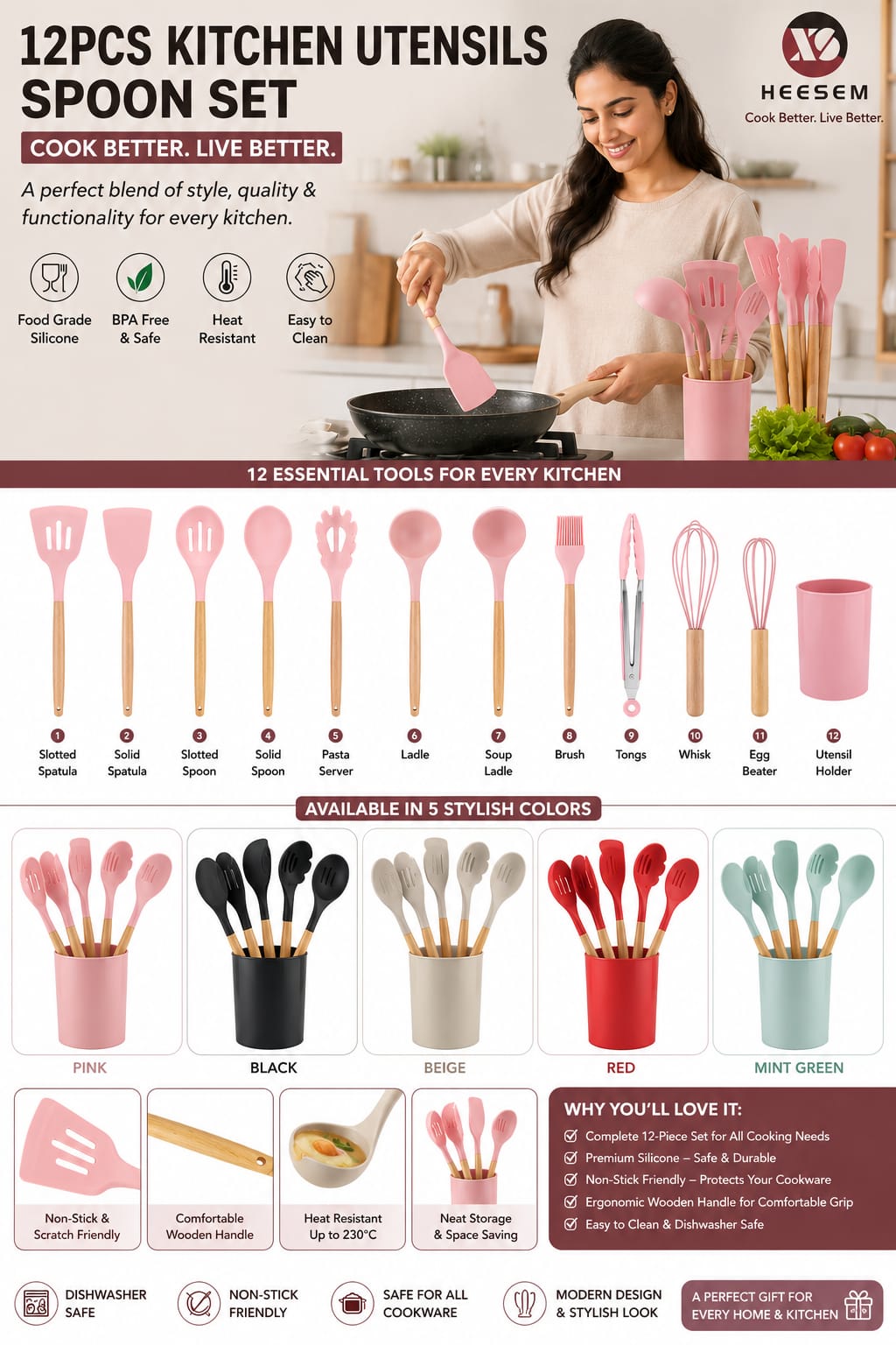12-Piece Silicone Kitchen Utensil Set with Wooden Handles — Heat-Resistant, BPA-Free Cooking Tools for Nonstick Cookware | Includes Storage Holder