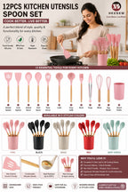 12-Piece Silicone Kitchen Utensil Set with Wooden Handles — Heat-Resistant, BPA-Free Cooking Tools for Nonstick Cookware | Includes Storage Holder