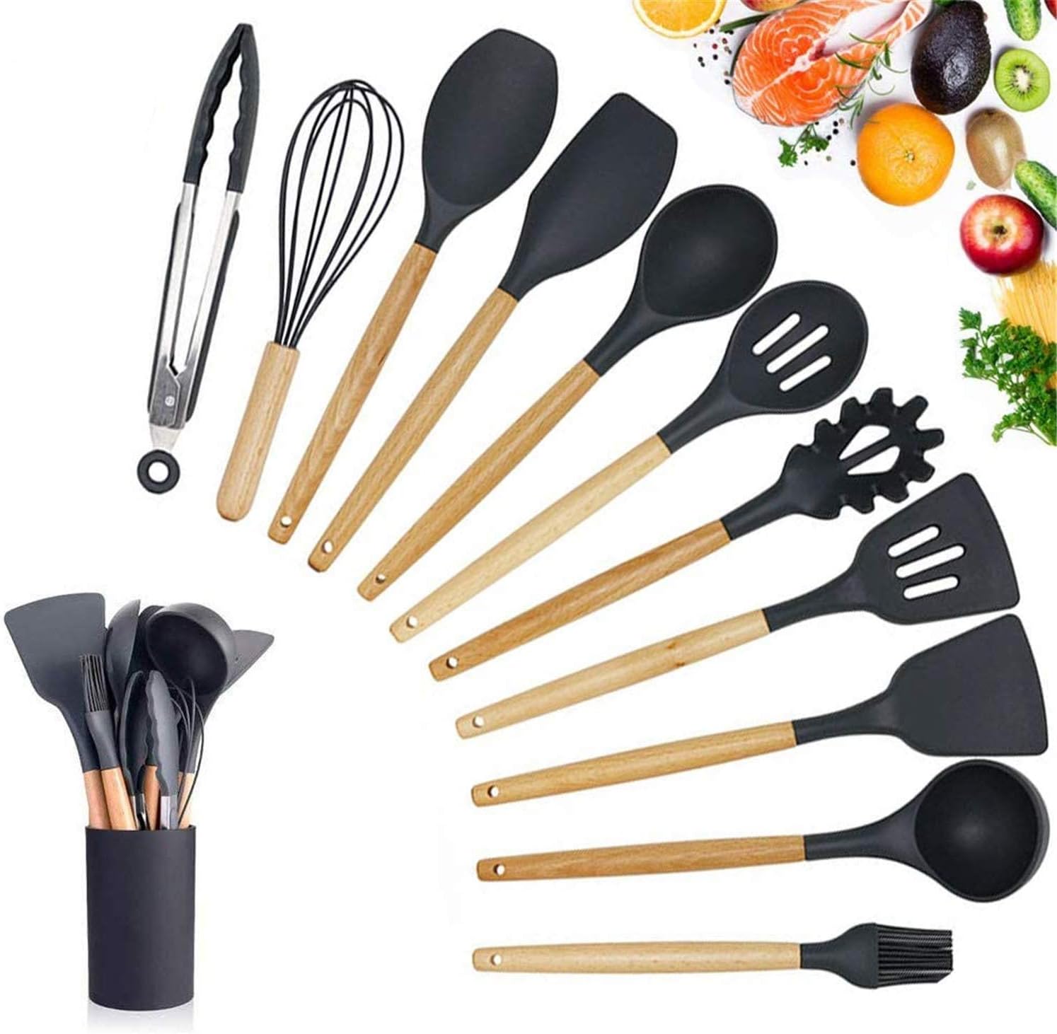 12-Piece Silicone Kitchen Utensil Set with Wooden Handles — Heat-Resistant, BPA-Free Cooking Tools for Nonstick Cookware | Includes Storage Holder