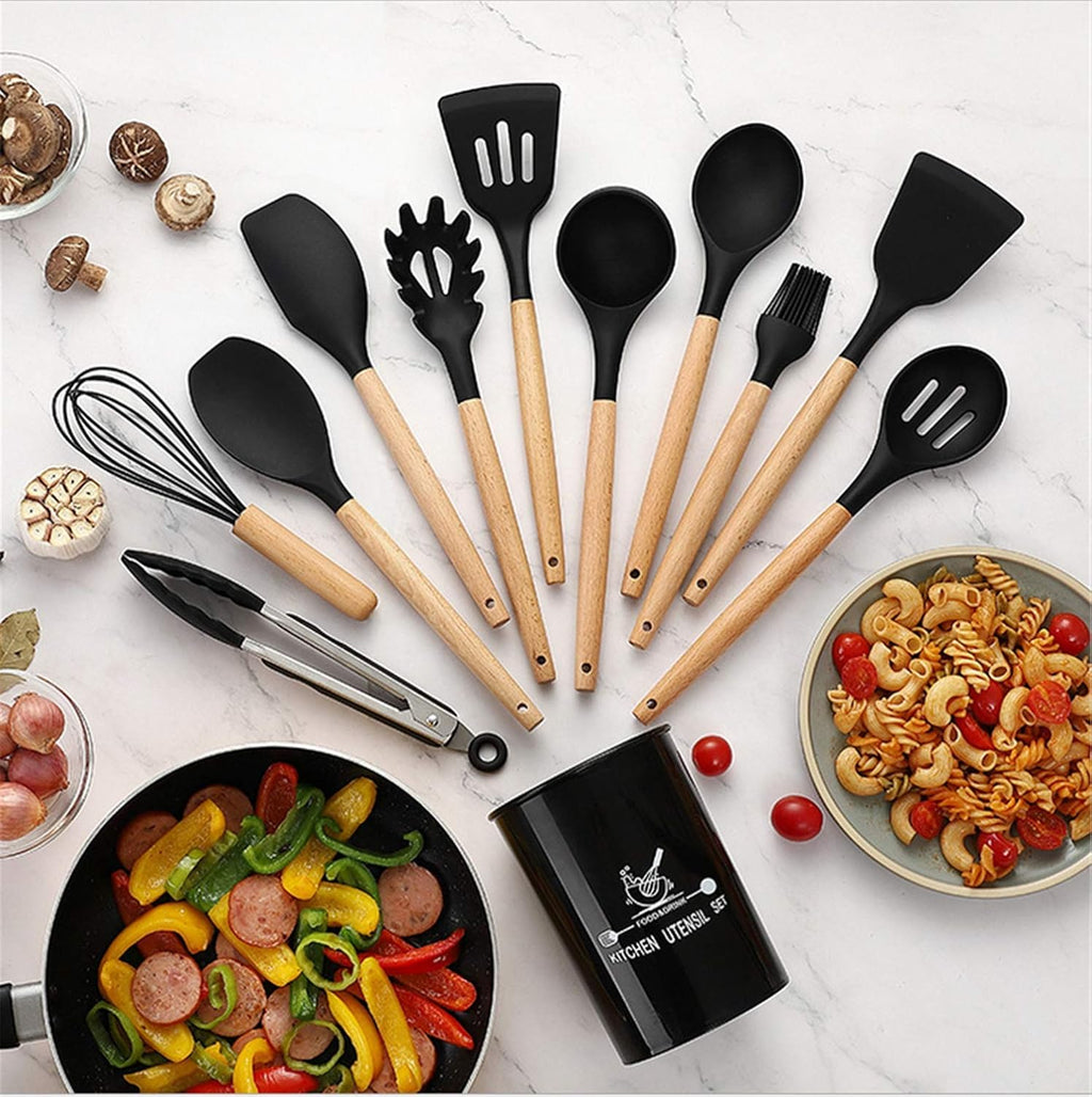 12-Piece Silicone Kitchen Utensil Set with Wooden Handles — Heat-Resistant, BPA-Free Cooking Tools for Nonstick Cookware | Includes Storage Holder