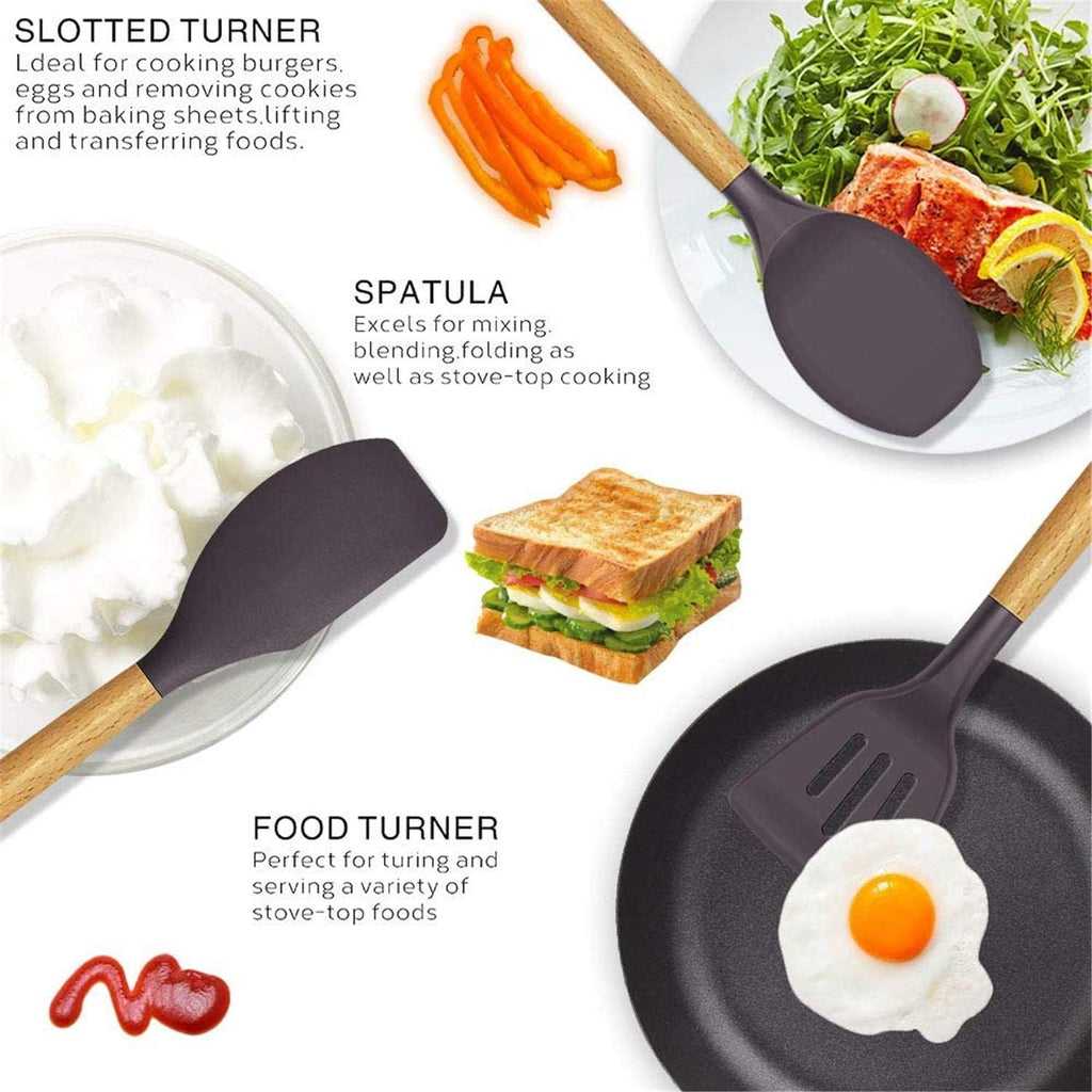12-Piece Silicone Kitchen Utensil Set with Wooden Handles — Heat-Resistant, BPA-Free Cooking Tools for Nonstick Cookware | Includes Storage Holder