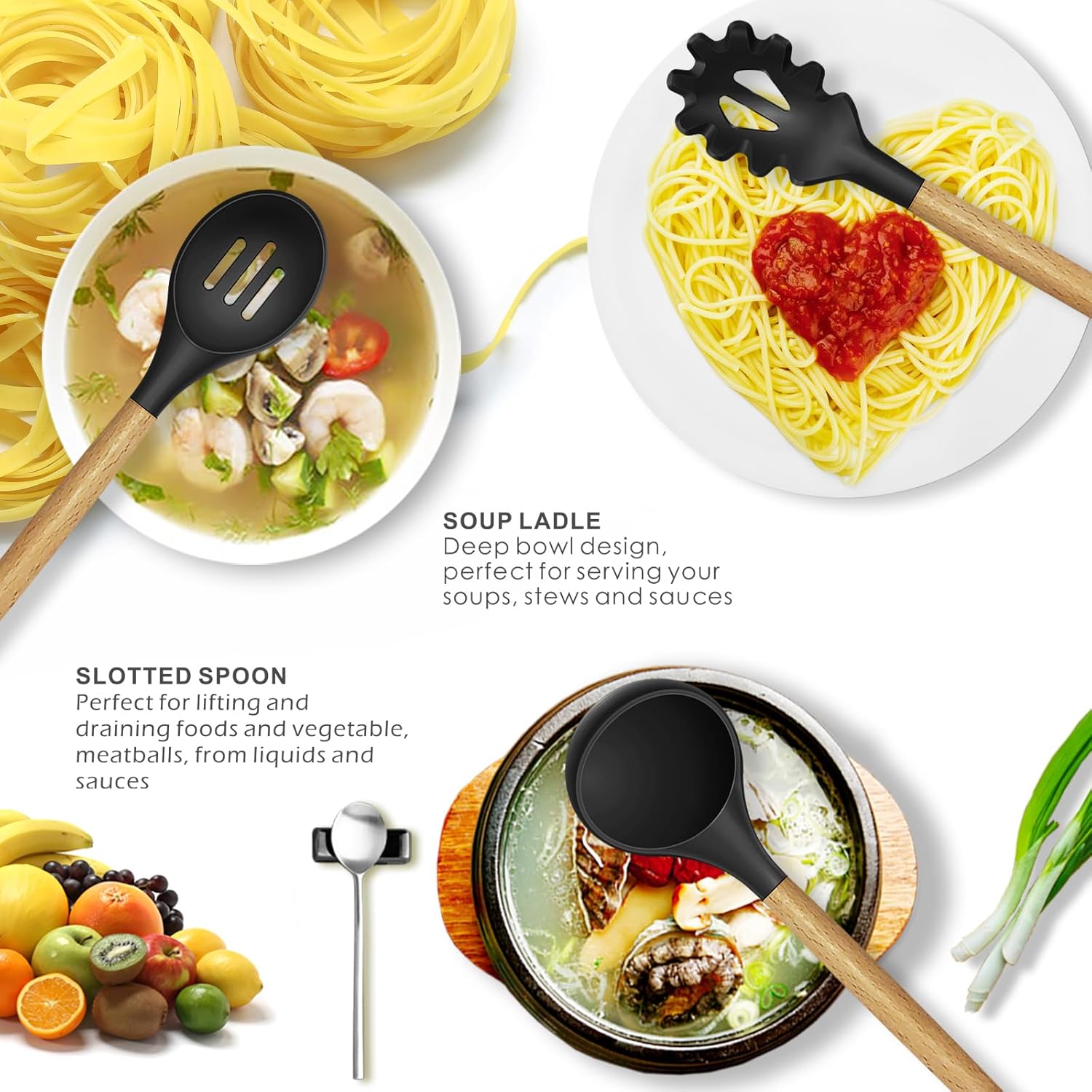 12-Piece Silicone Kitchen Utensil Set with Wooden Handles — Heat-Resistant, BPA-Free Cooking Tools for Nonstick Cookware | Includes Storage Holder