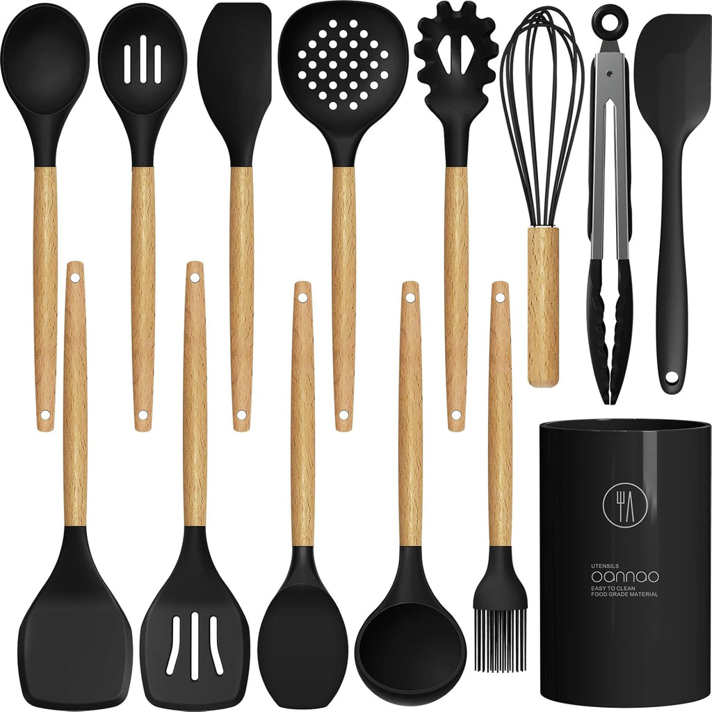 12-Piece Silicone Kitchen Utensil Set with Wooden Handles — Heat-Resistant, BPA-Free Cooking Tools for Nonstick Cookware | Includes Storage Holder