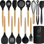 12-Piece Silicone Kitchen Utensil Set with Wooden Handles — Heat-Resistant, BPA-Free Cooking Tools for Nonstick Cookware | Includes Storage Holder