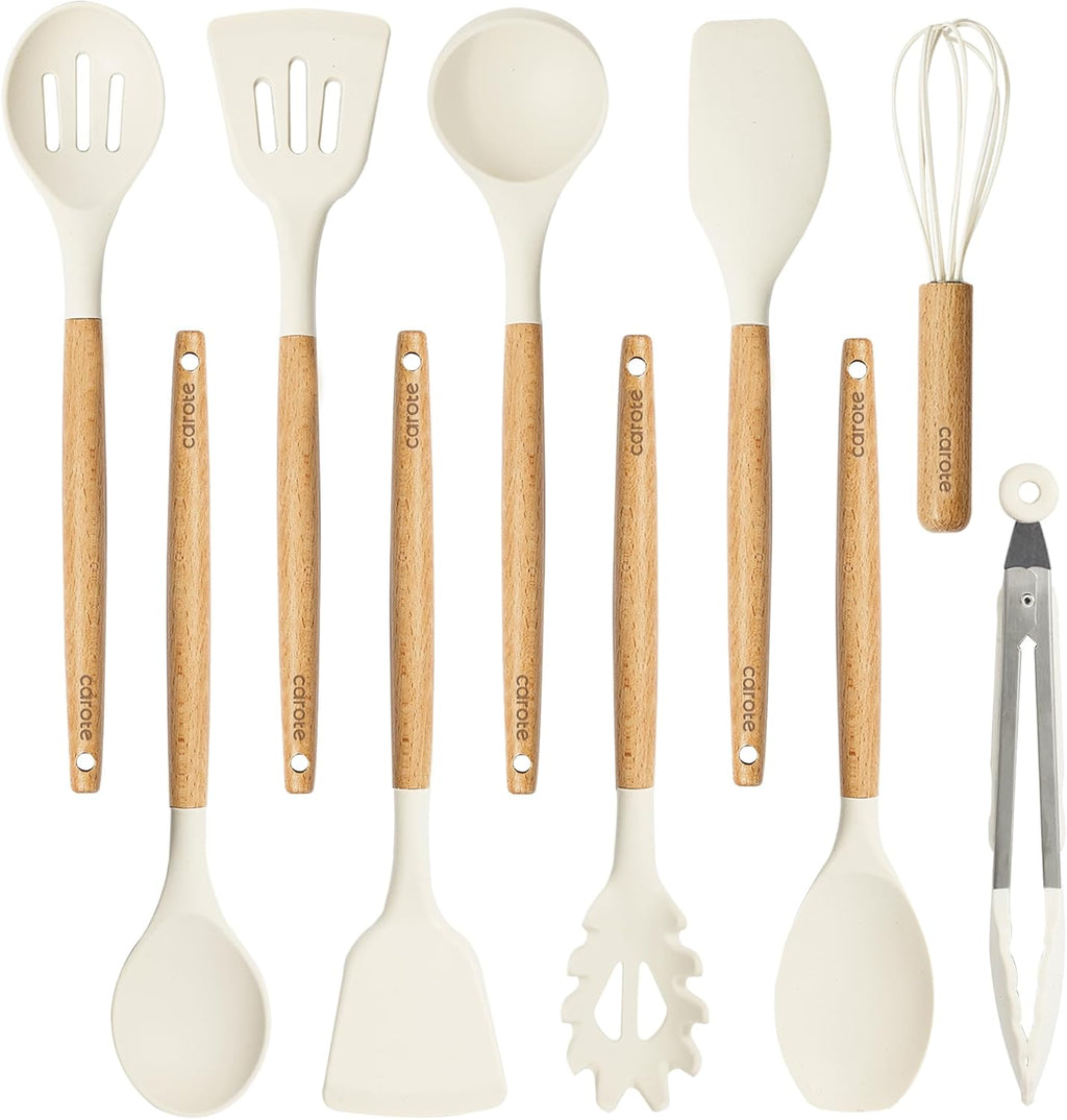 12-Piece Silicone Kitchen Utensil Set with Wooden Handles — Heat-Resistant, BPA-Free Cooking Tools for Nonstick Cookware | Includes Storage Holder