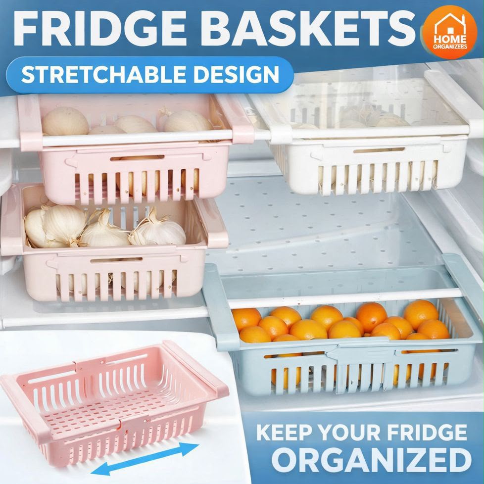 Expandable Fridge Drawer Basket — Adjustable Slide-Under Shelf Organizer for Fruits, Vegetables & Food Storage | Space-Saving Pull-Out Bin