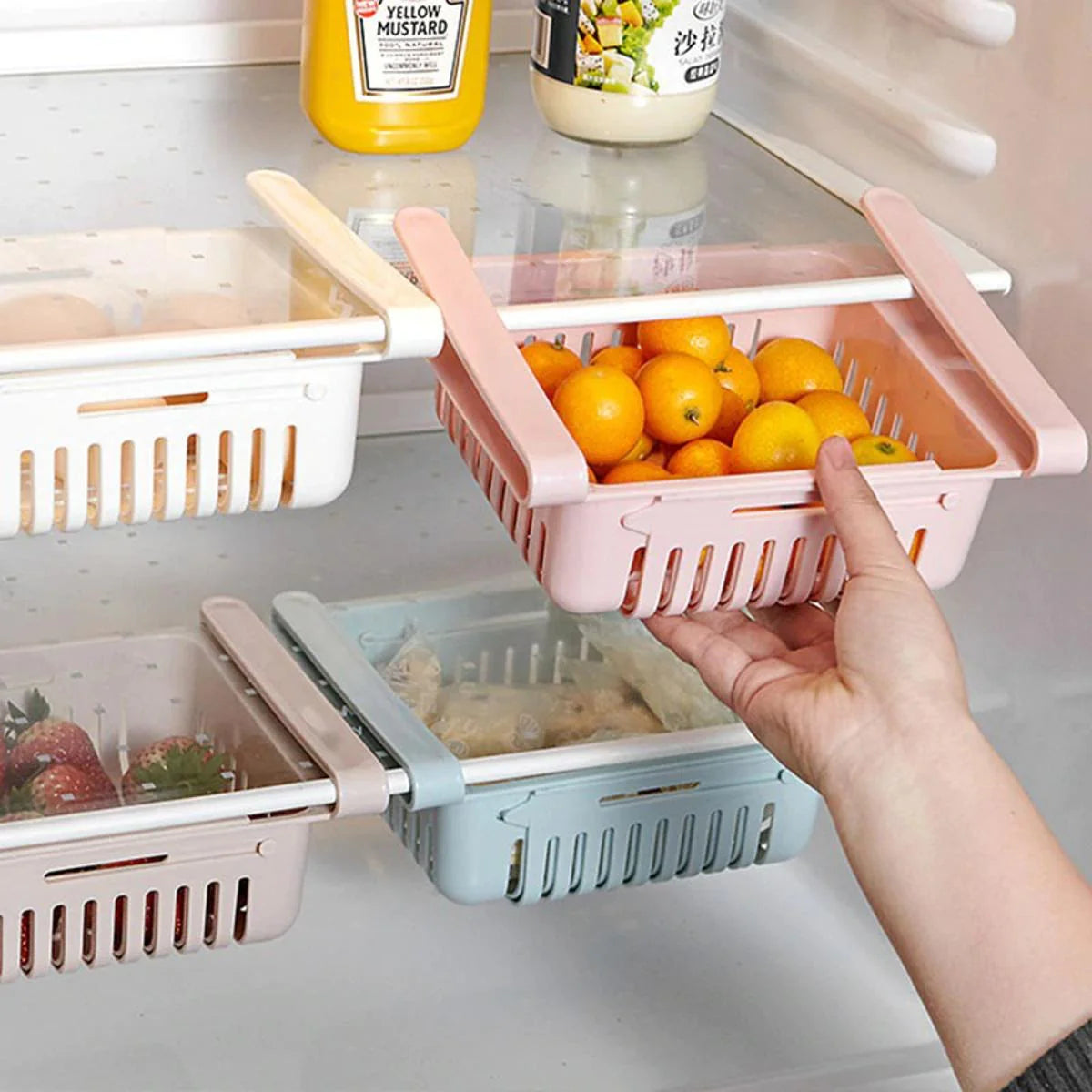 Expandable Fridge Drawer Basket — Adjustable Slide-Under Shelf Organizer for Fruits, Vegetables & Food Storage | Space-Saving Pull-Out Bin Secondary image